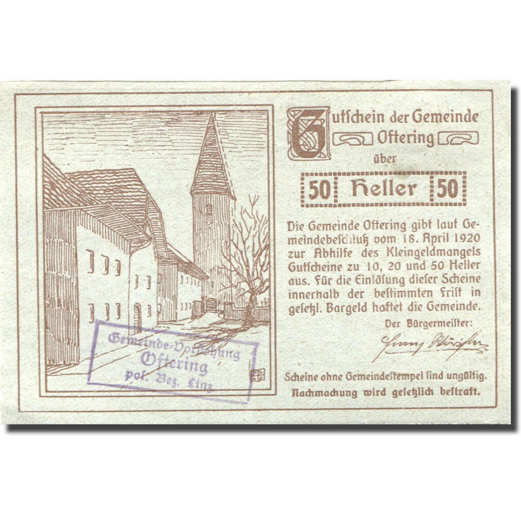 Banknote, Austria, Oftering, 50 Heller, Eglise, 1920 UNC(63) Mehl:FS 706c