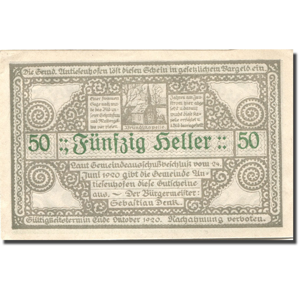 Banknote, Austria, Antiesenhofen, 50 Heller, Eglise, 1920 UNC(63) Mehl:FS 47Bb