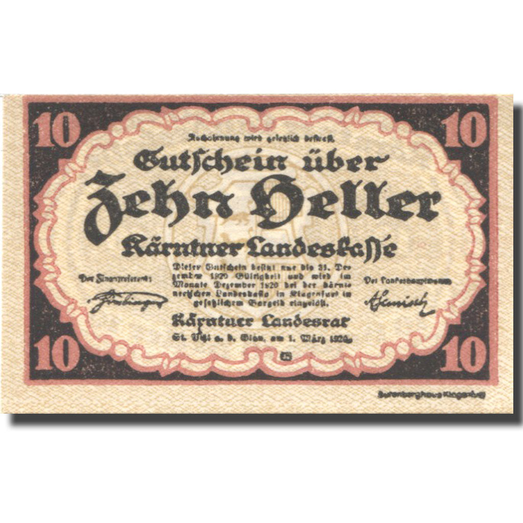 Banknote, Austria, Landesrat, 10 Heller, Blason, 1920 UNC(63) Mehl:FS 427