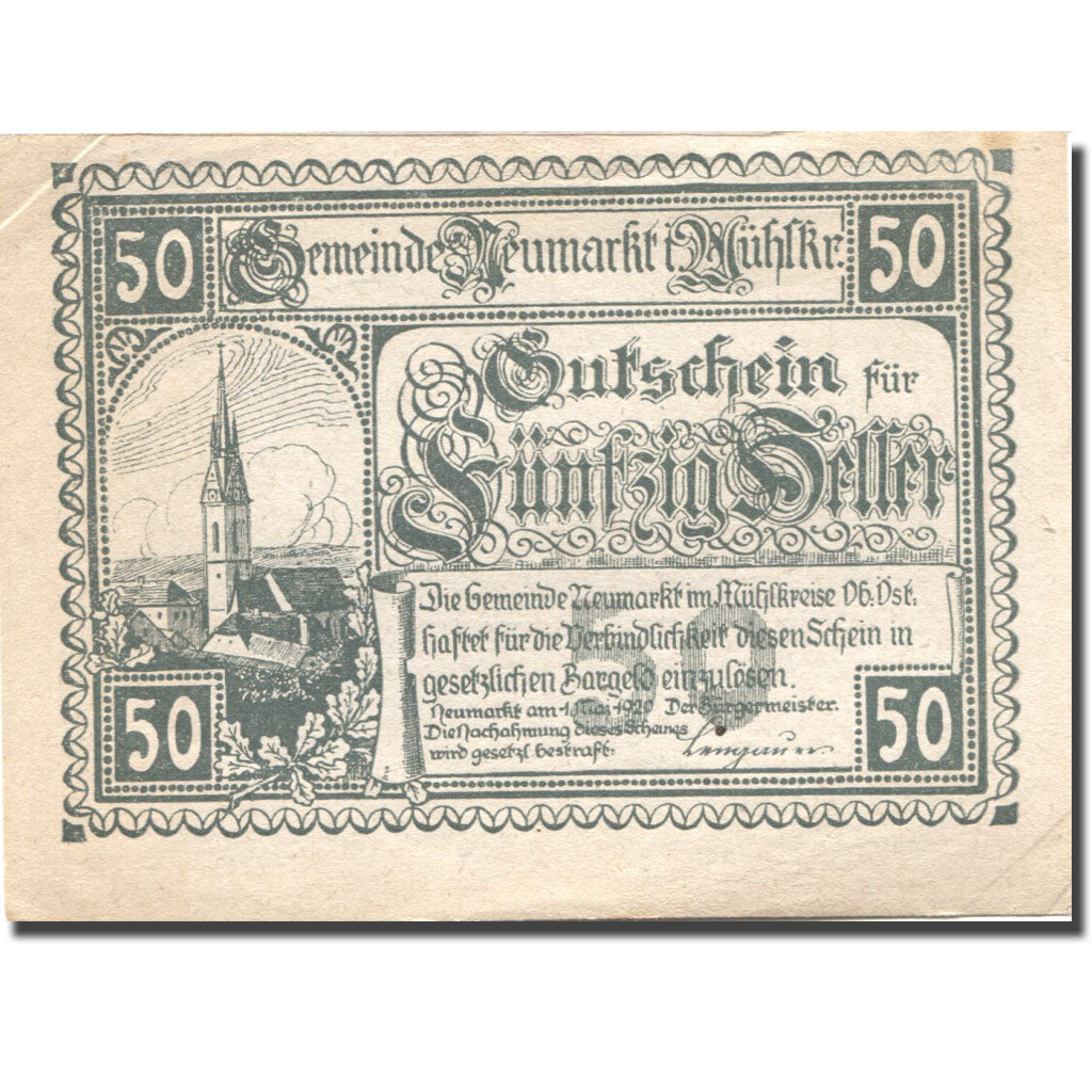 Banconote, Austria, Neumarkt, 50 Heller, Eglise 1920-09-01, BB Mehl:FS 664b
