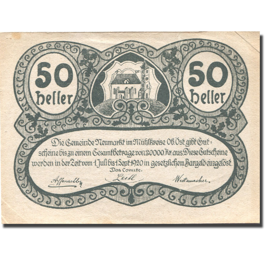 Banconote, Austria, Neumarkt, 50 Heller, Eglise 1920-09-01, BB Mehl:FS 664b