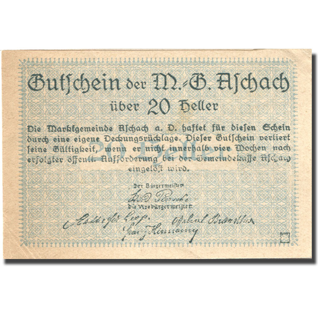 Banknote, Austria, Aschach, 20 Heller, Blason, AU(55-58), Mehl:FS 53IIb18