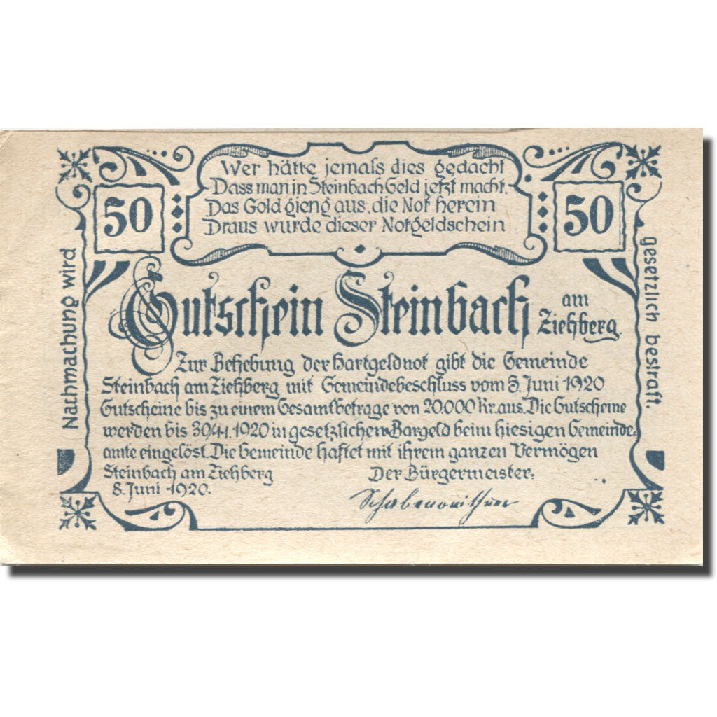Banknote, Austria, Steinbach, 50 Heller, paysage, 1920 UNC(63) Mehl:FS 1024