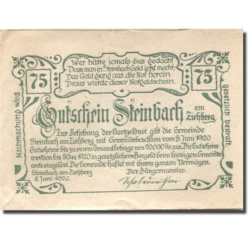 Banknote Austria Steinbach 75Heller, paysage 1, 1920 AU(55-58) green Mehl:FS1024