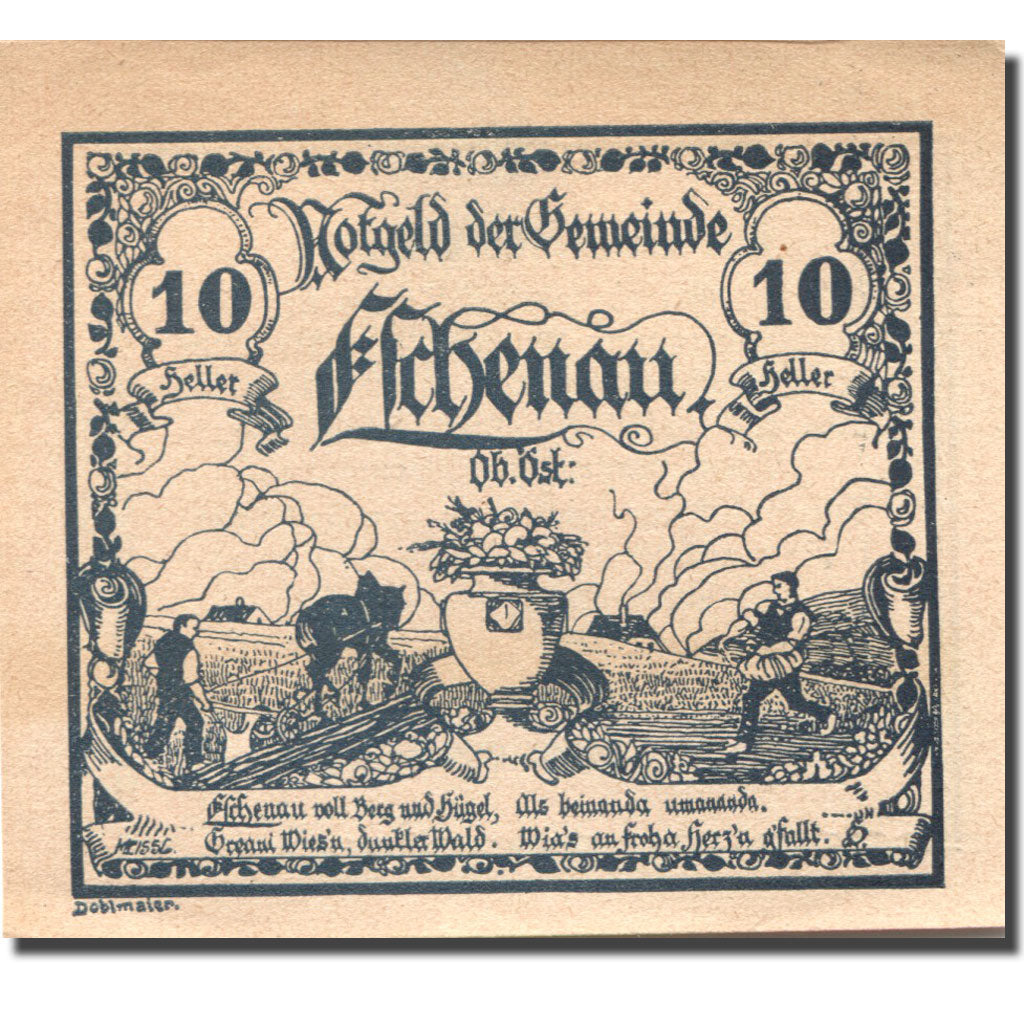 Banconote, Austria, Eschenau, 10 Heller, agriculteur, 1921 SPL Mehl:FS 187a