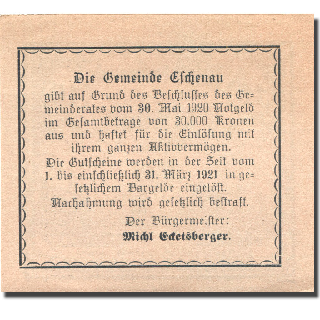 Banconote, Austria, Eschenau, 10 Heller, agriculteur, 1921 SPL Mehl:FS 187a
