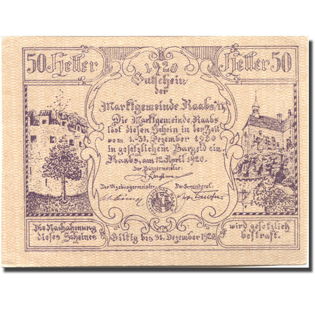 Banknote, Austria, Raabs, 50 Heller, château, 1920 UNC(63) Mehl:FS 806c