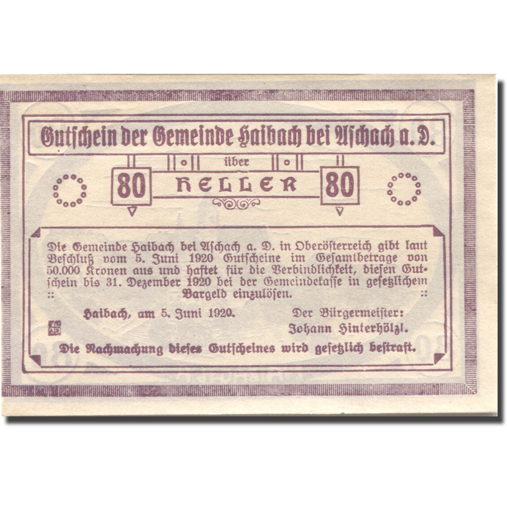 Banknote, Austria, Aschach, 80 Heller, village, 1920 UNC(63) Mehl:FS 54a