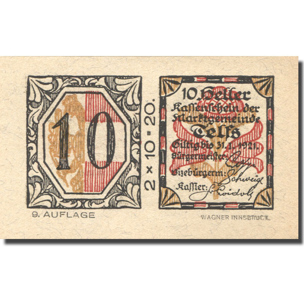 Banconote, Austria, Telfs, 10 Heller, fleur 1, 1921-01-31, SPL, Mehl:FS 1061a