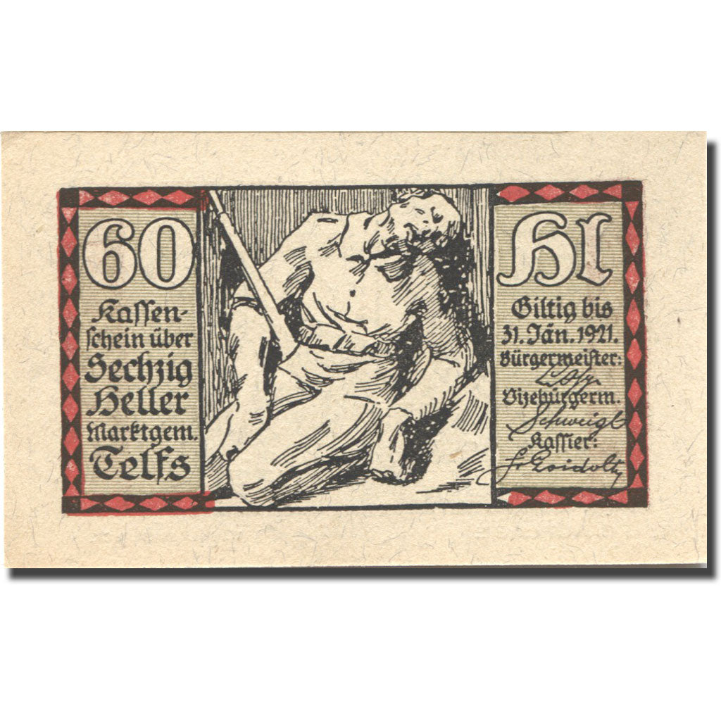Banknote, Austria, Telfs, 60 Heller, Monument, 1921 UNC(63) Mehl:FS 1061a