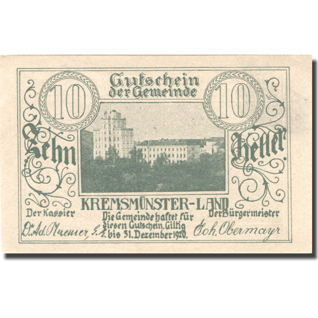Geldschein, Österreich, Kremsmunster, 10 Heller, Monument, 1920 UNZ- Mehl:FS 475