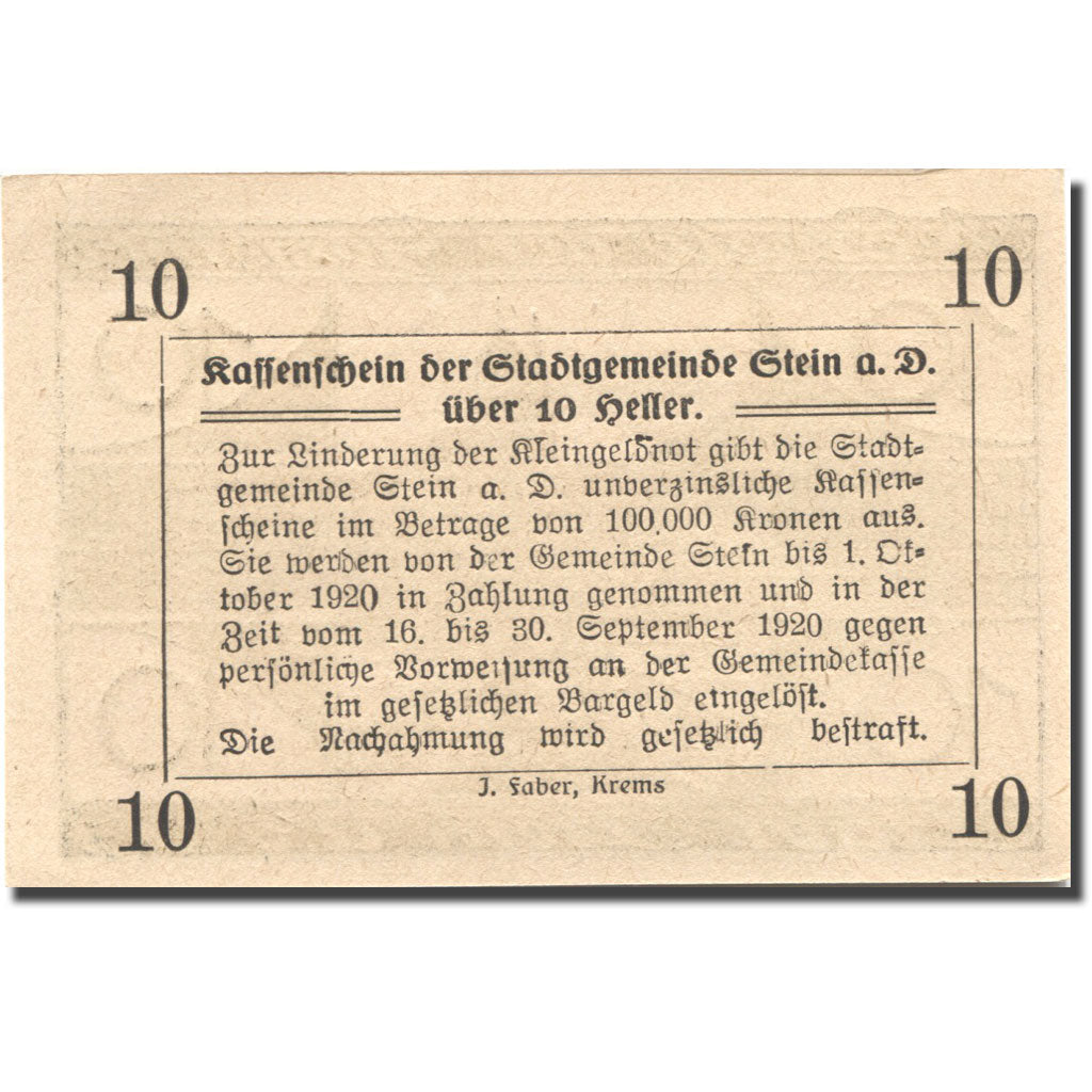 Banknote, Austria, Stein a/d Donau 10Heller Eglise, 1920 UNC(63) Mehl:FS 1015I1