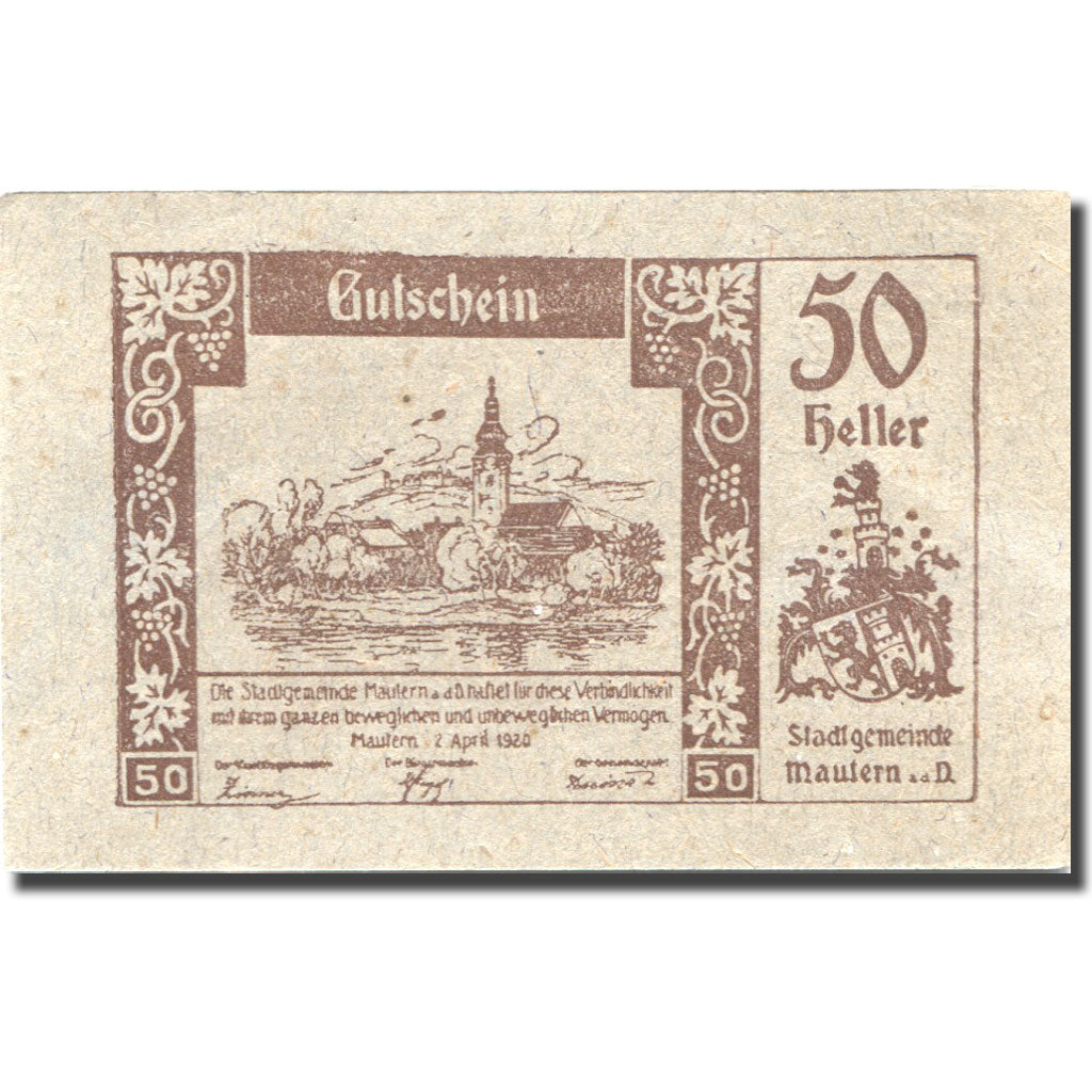 Banknote, Austria, Mautern, 50 Heller, village, 1920 UNC(63) Mehl:FS 600IAa