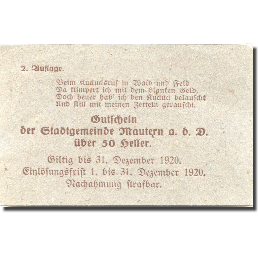 Banknote, Austria, Mautern, 50 Heller, village, 1920 UNC(63) Mehl:FS 600IAa