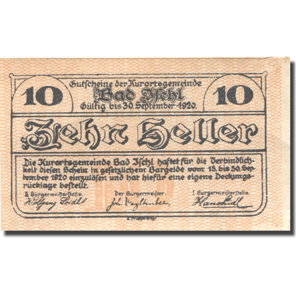 Banknote, Austria, Bad Ischl, 10 Heller, fleuve, 1920 UNC(63) Mehl:FS 77c