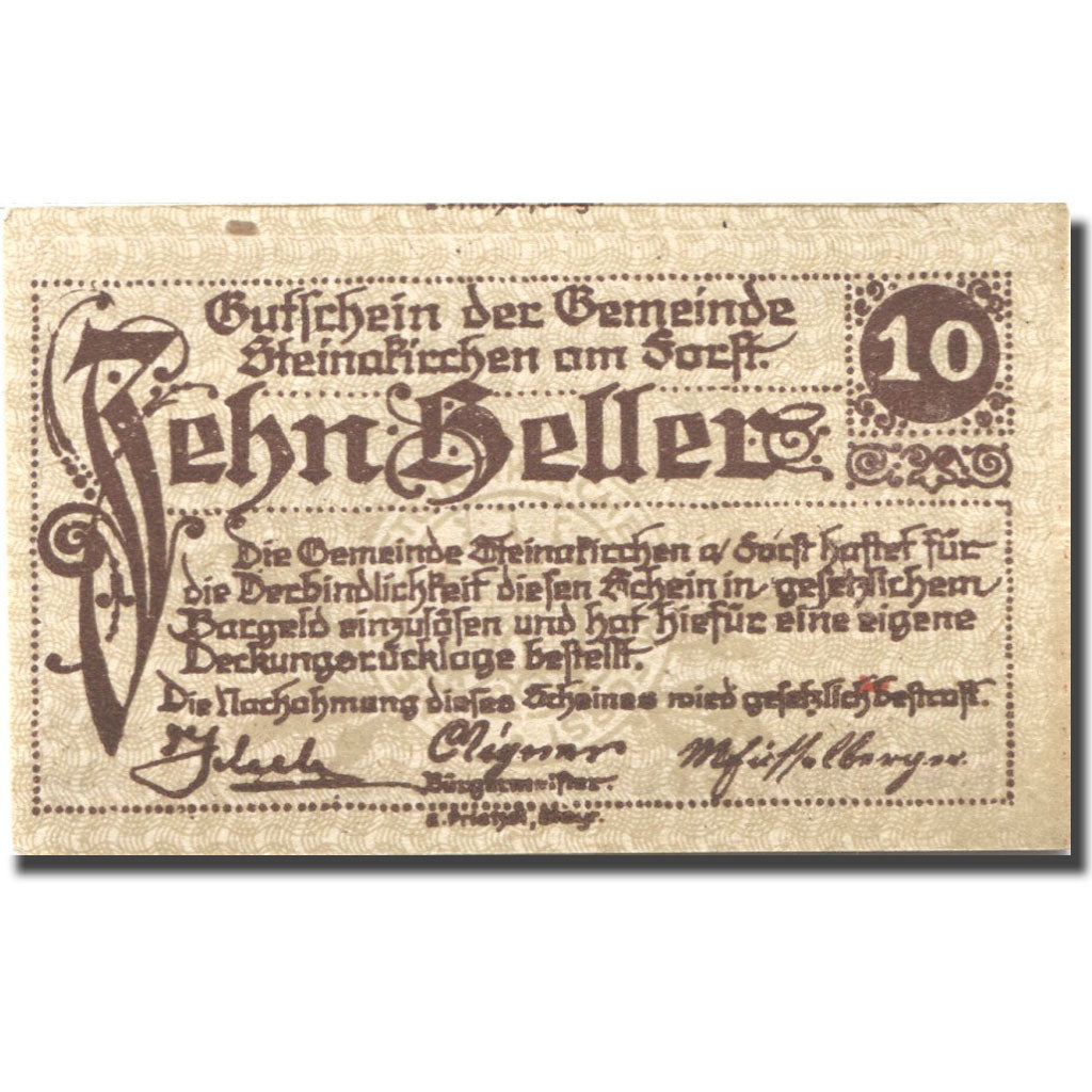 Banknote, Austria, Steinakirchen 10Heller, château, 1922 AU(55-58) Mehl:FS 1017I