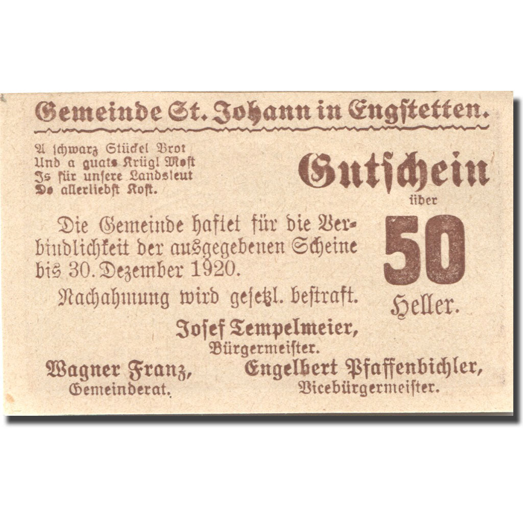 Banknote, Austria, St Johann, 50 Heller, Eglise, 1920 UNC(63) Mehl:FS 897b