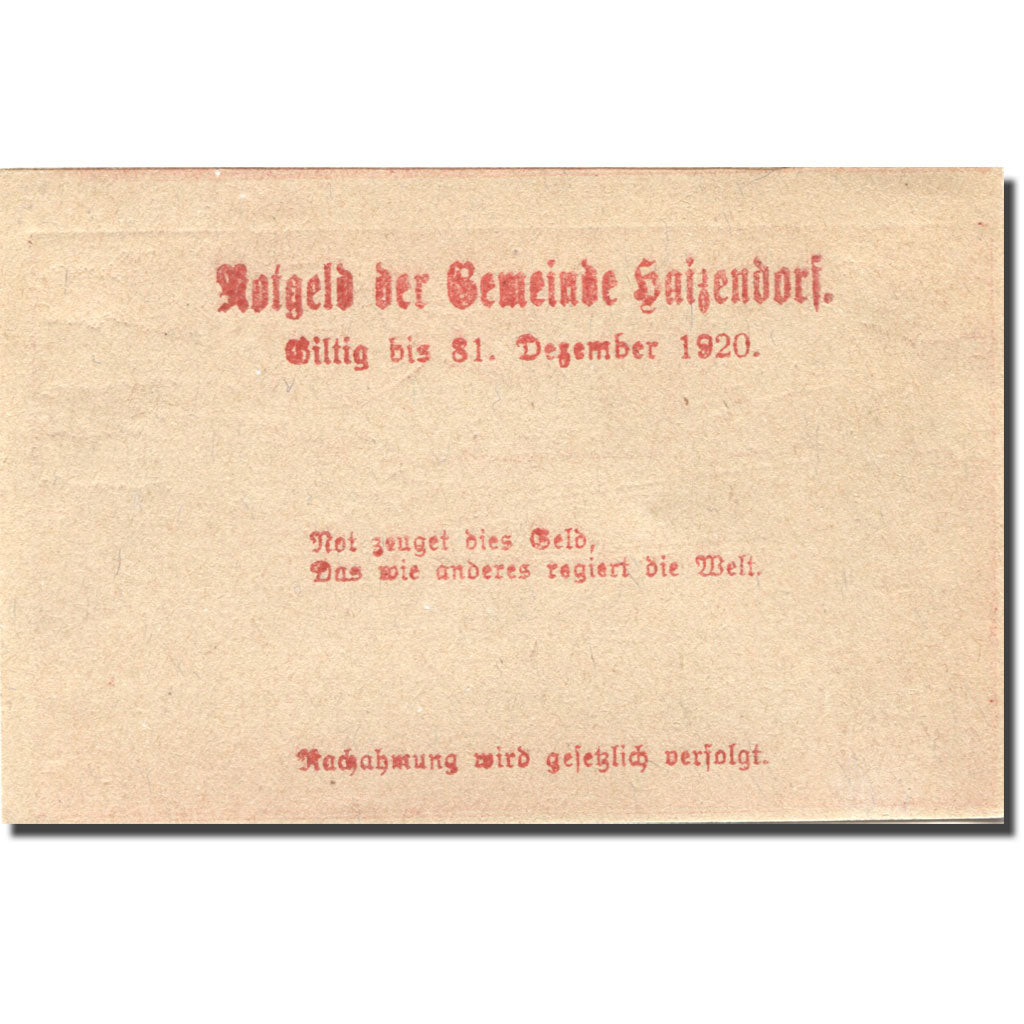 Billet, Autriche, Haizendorf, 20 Heller, château, 1920 SPL Mehl:FS 341Ia