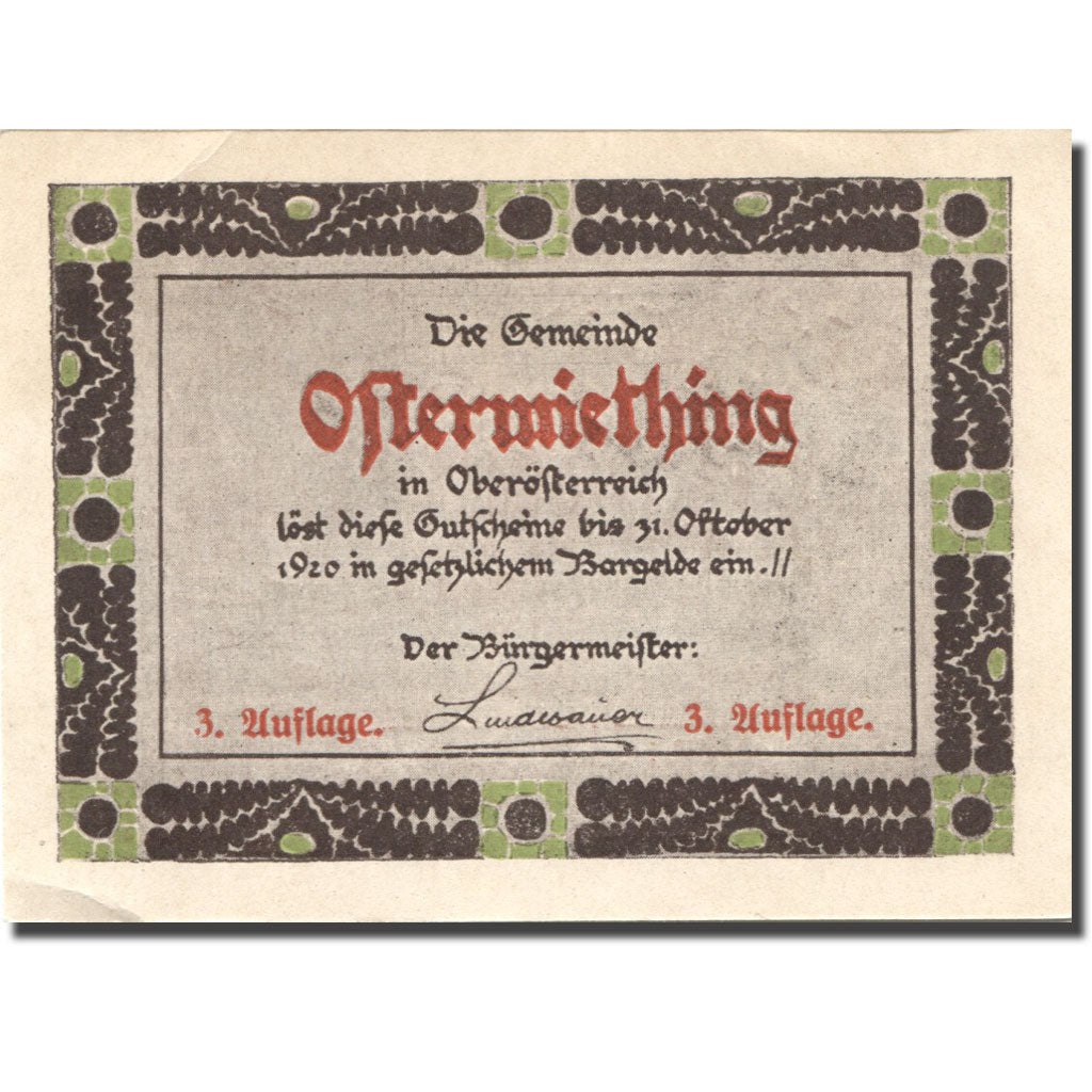 Billet, Autriche, Ostermiething, 40 Heller, personnage, 1920 SPL Mehl:FS 713