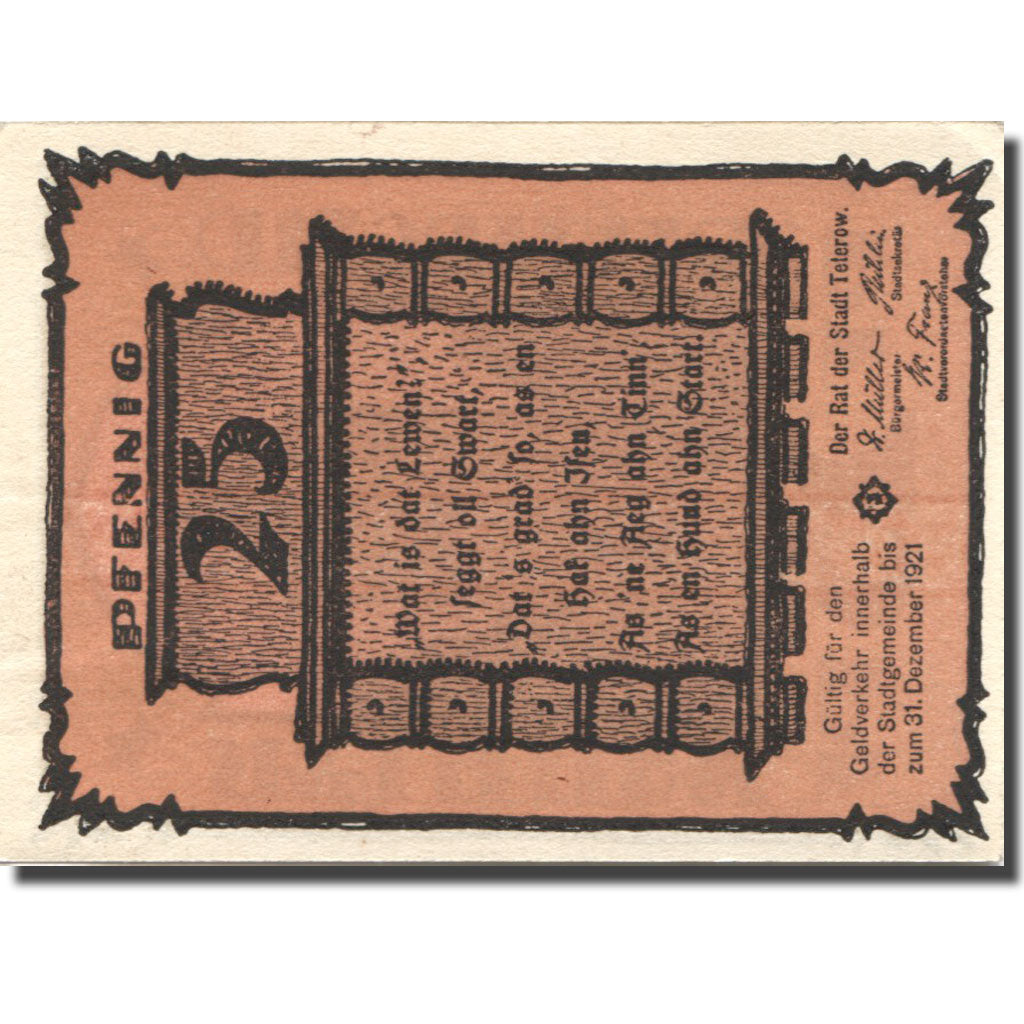 Banknote, Germany, Teterow, 25 Pfennig, Eglise, 1921 UNC(63) Mehl:1316.1