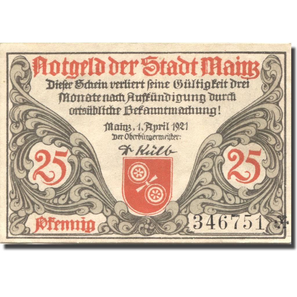 Banknote, Germany, Mainz, 25 Pfennig, casque, 1921 UNC(63) Mehl:860.2a