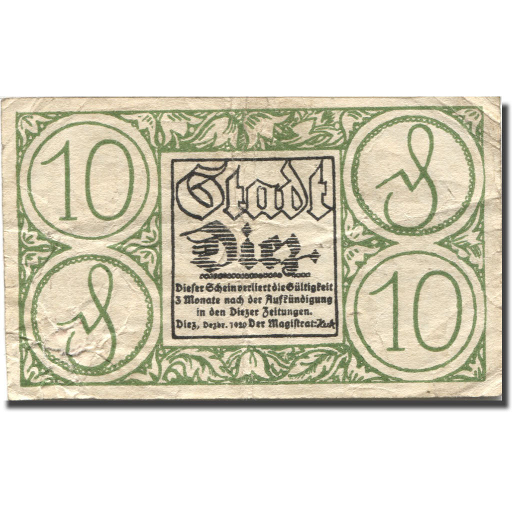 Banknote, Germany, Diez, 10 Pfennig, château, 1919, VF(20-25), Mehl:D15.5c
