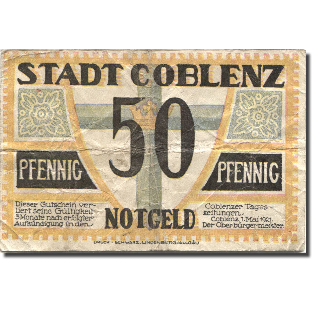Banconote, Germania, Coblenz, 50 Pfennig, Eglise, 1921 MB Mehl: 233.1a
