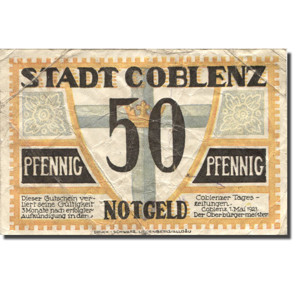 Banconote, Germania, Coblenz, 50 Pfennig, Monument, 1921 MB Mehl: 233.1a