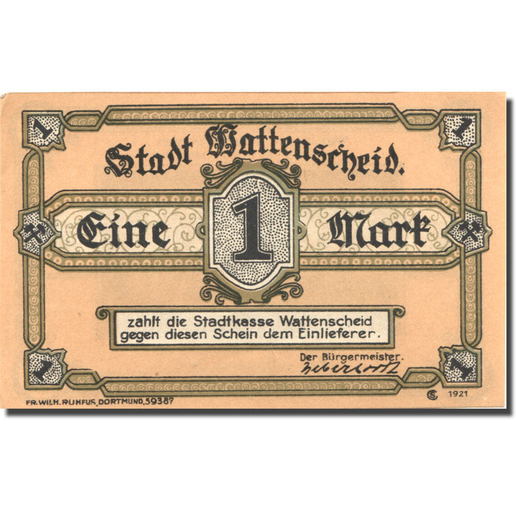 Banknote, Germany, Wattenscheid, 1 Mark, Mine, 1921, UNC(63), Mehl:1385.1