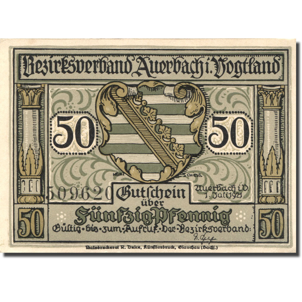 Banknote, Germany, Auerbach, 50 Pfennig, Blason, 1921 UNC(63) Mehl:53.1a