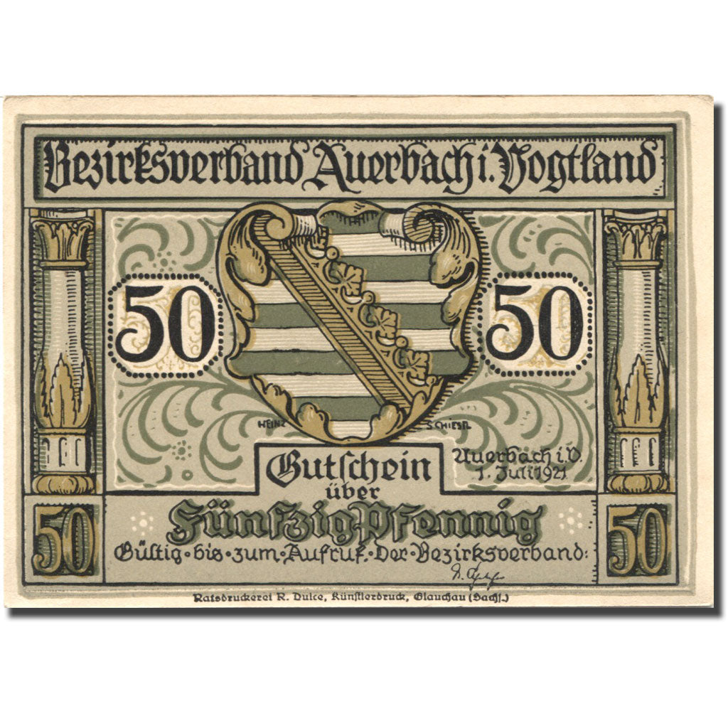 Banknote, Germany, Auerbach, 50 Pfennig, Blason, 1921 UNC(63) Mehl:53.1a