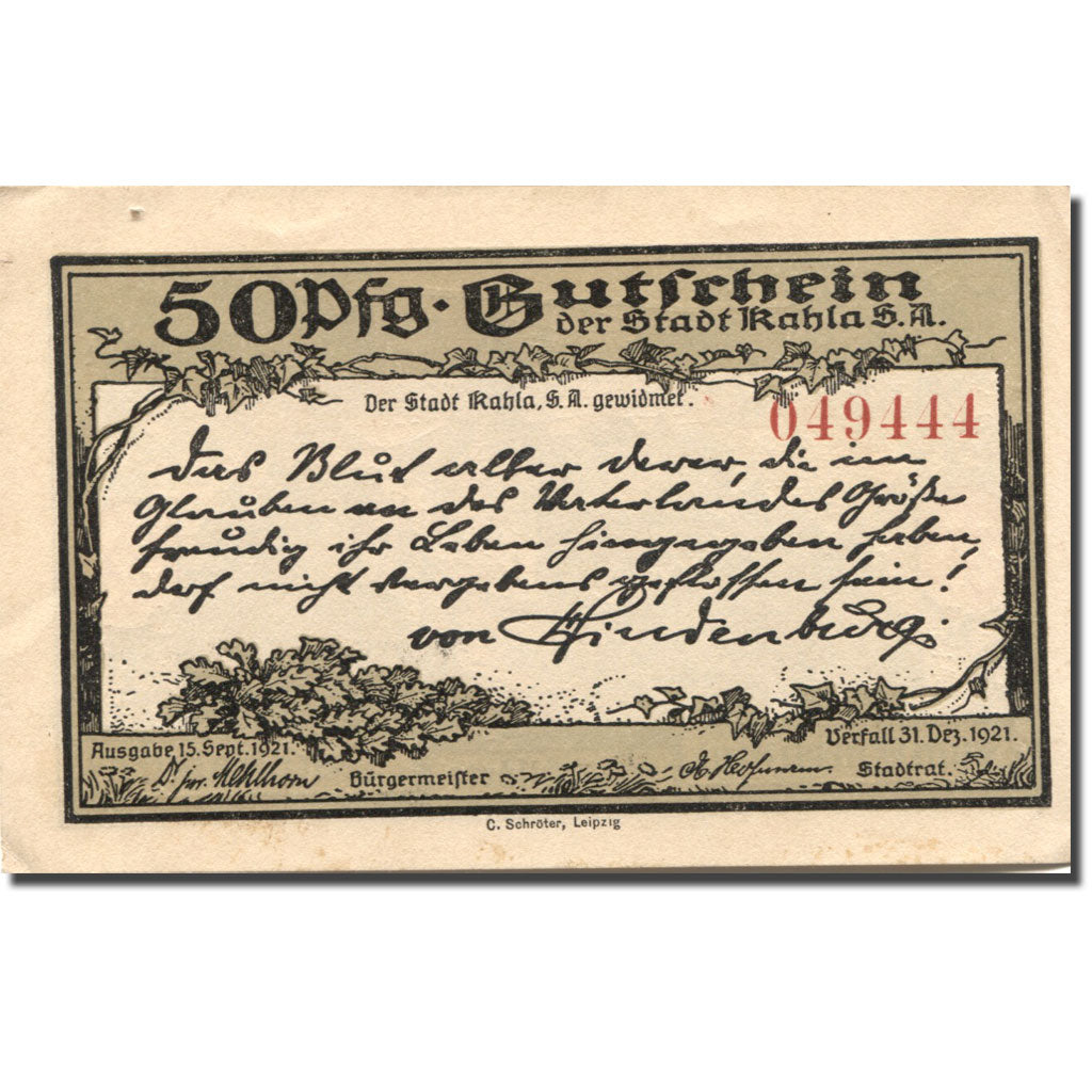 Banknote, Germany, Kahla, 50 Pfennig, château, 1921 UNC(63) Mehl:668.6c