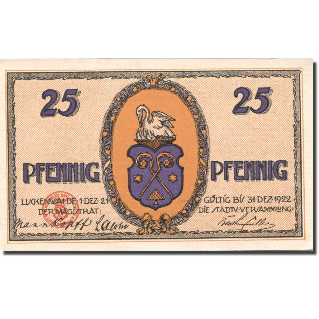 Banknote, Germany, Lunckenwalde, 25 Pfennig, Blason, 1922 UNC(63) Mehl:817.1