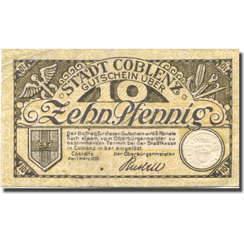 Banknote, Germany, Coblenz, 10 Pfennig, Blason, 1920 UNC(63) Mehl:C 19.6