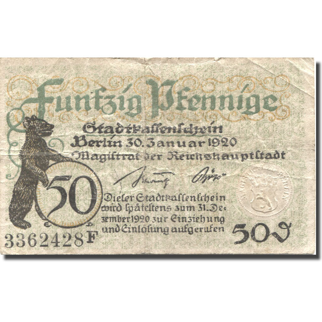 Banknote, Germany, Berlin, 50 Pfennig, ours, 1919, VF(20-25), Mehl:B 27.1b