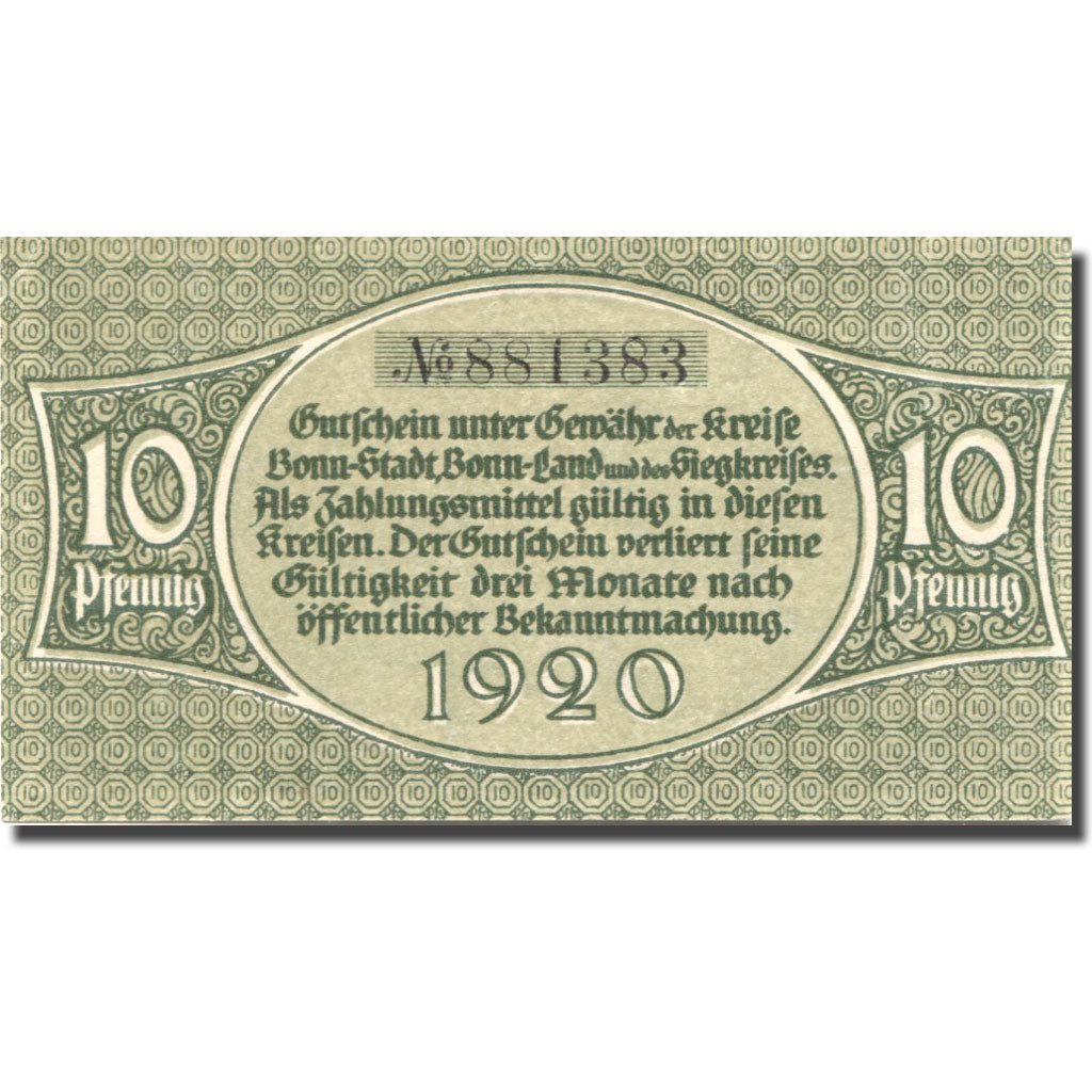 Banknote, Germany, Bonn, 10 Pfennig, personnage, 1920, UNC(63), Mehl:B 74.6a