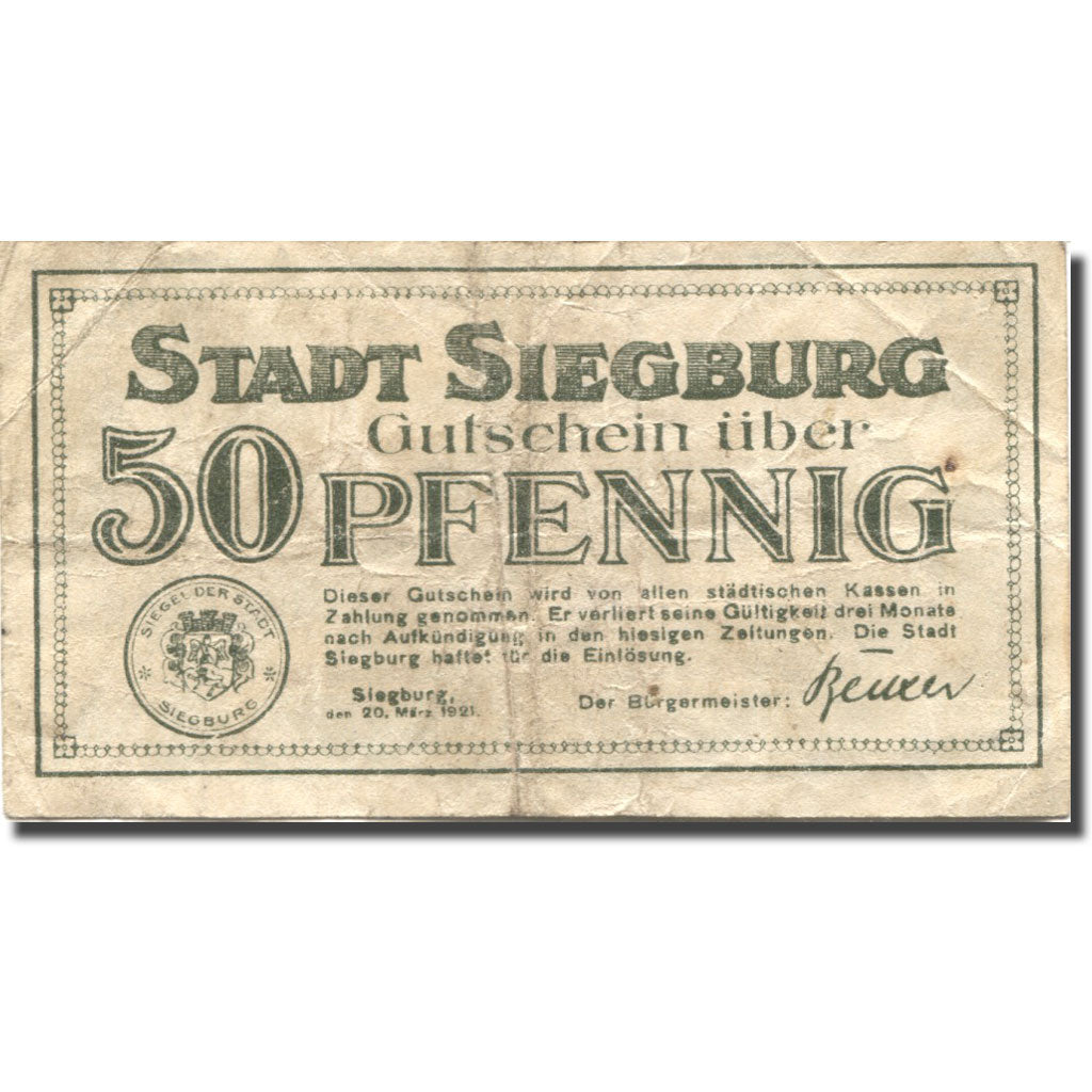 Banconote, Germania, Siegburg, 50 Pfennig, château, 1921 BB Mehl: 1225.3