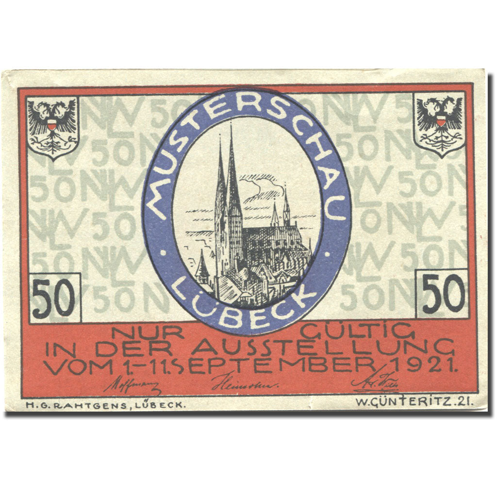 Banknote, Germany, Lübeck, 50 Pfennig, Eglise, 1921 UNC(63) Mehl: 827.1