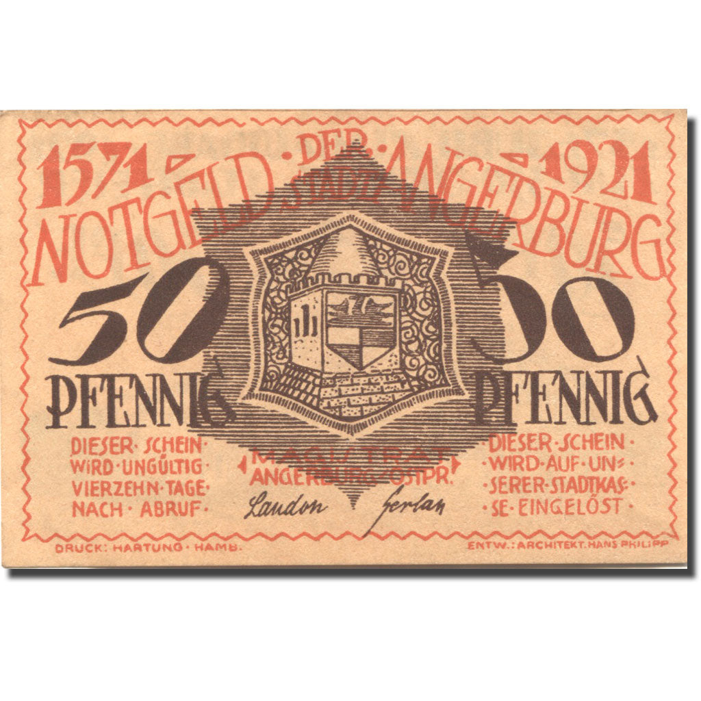 Banknote, Germany, Angerburg, 50 Pfennig, Blason, 1921, UNC(63), Mehl:33.1a