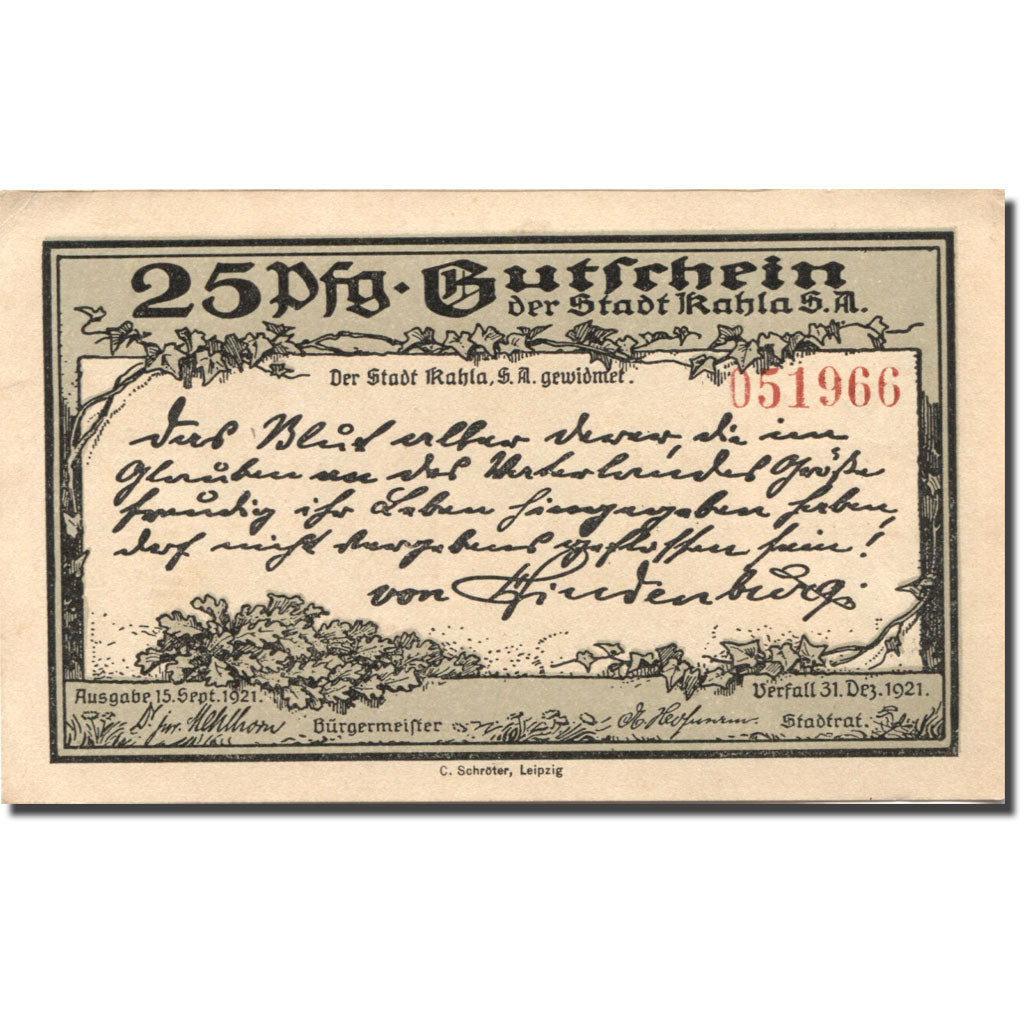 Banknote, Germany, Kahla, 25 Pfennig, château, 1921 UNC(63) Mehl: 668.6c