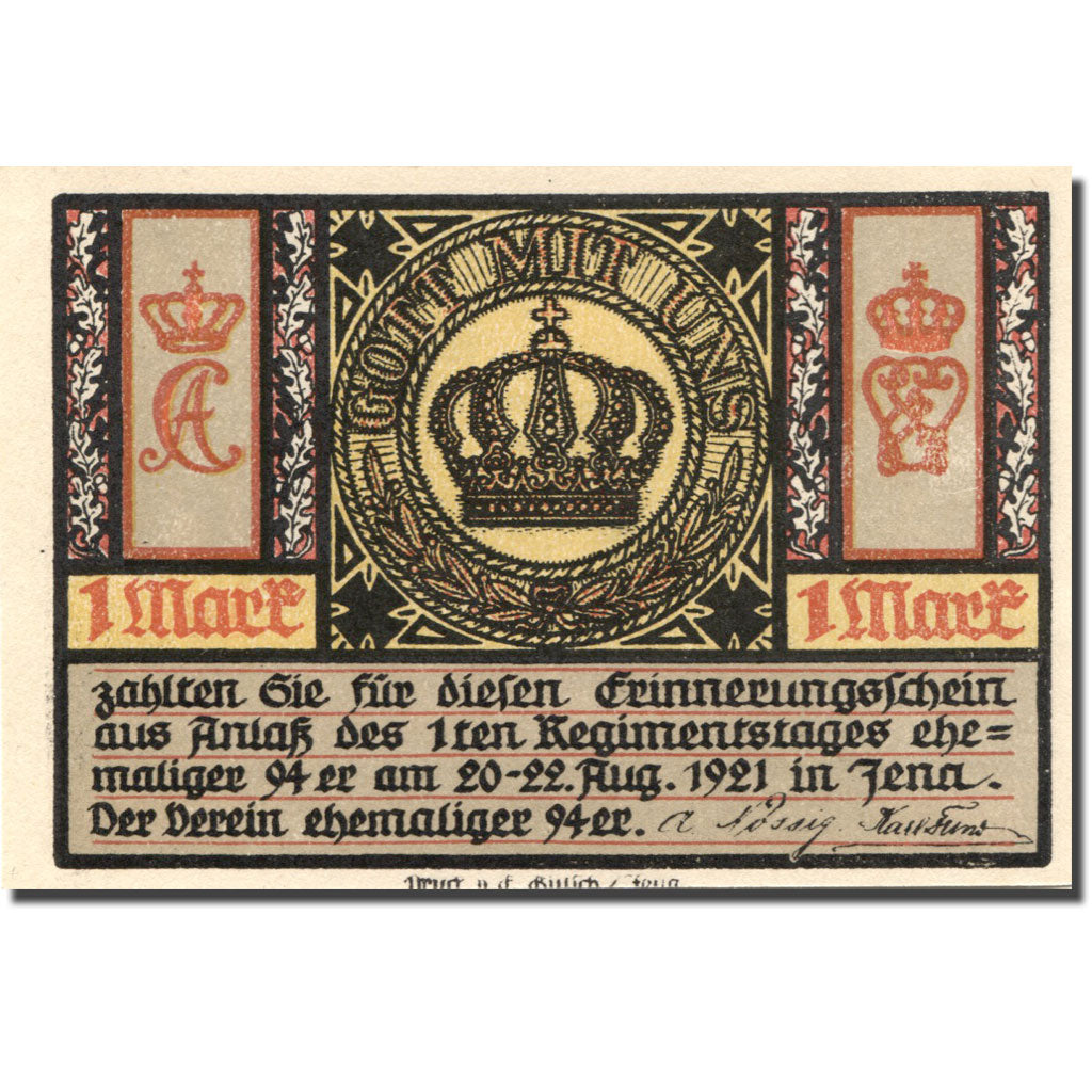 Banknot, Niemcy, Eisenach, 1 Mark, caserne, 1921, 1921-08-22, UNC(63), Mehl:320