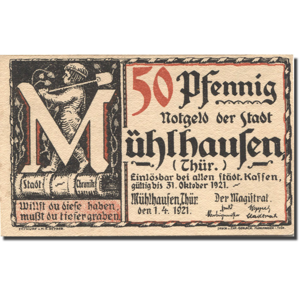 Banknote, Germany, Mühlaufen, 50 Pfennig, livre, 1921 UNC(63) Mehl: 905.1a