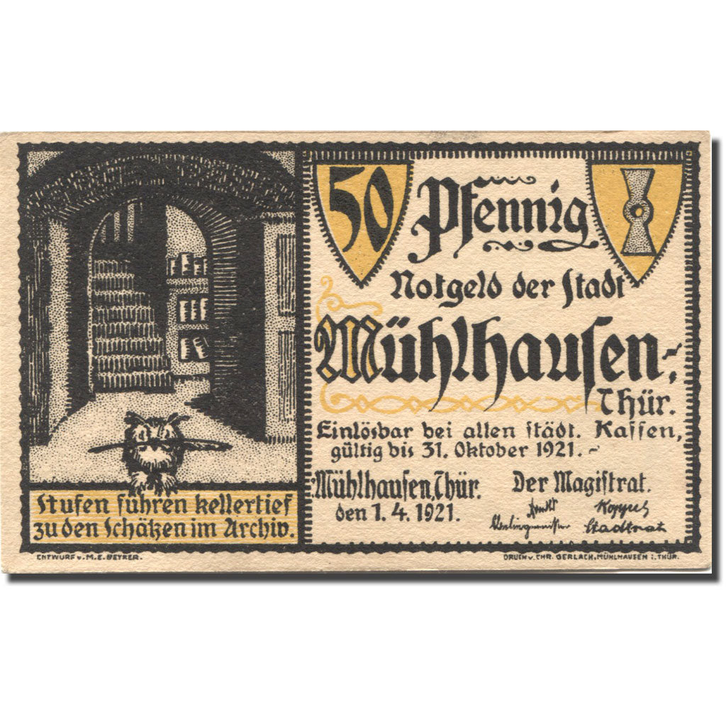 Banknote, Germany, Mühlaufen, 50 Pfennig, hibou, 1921 UNC(63) Mehl: 905.1a