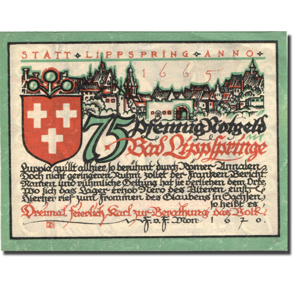 Banknote, Germany, Lippspringe, 75 Pfennig, Ecusson, 1921 UNC(63) Mehl: 805.1