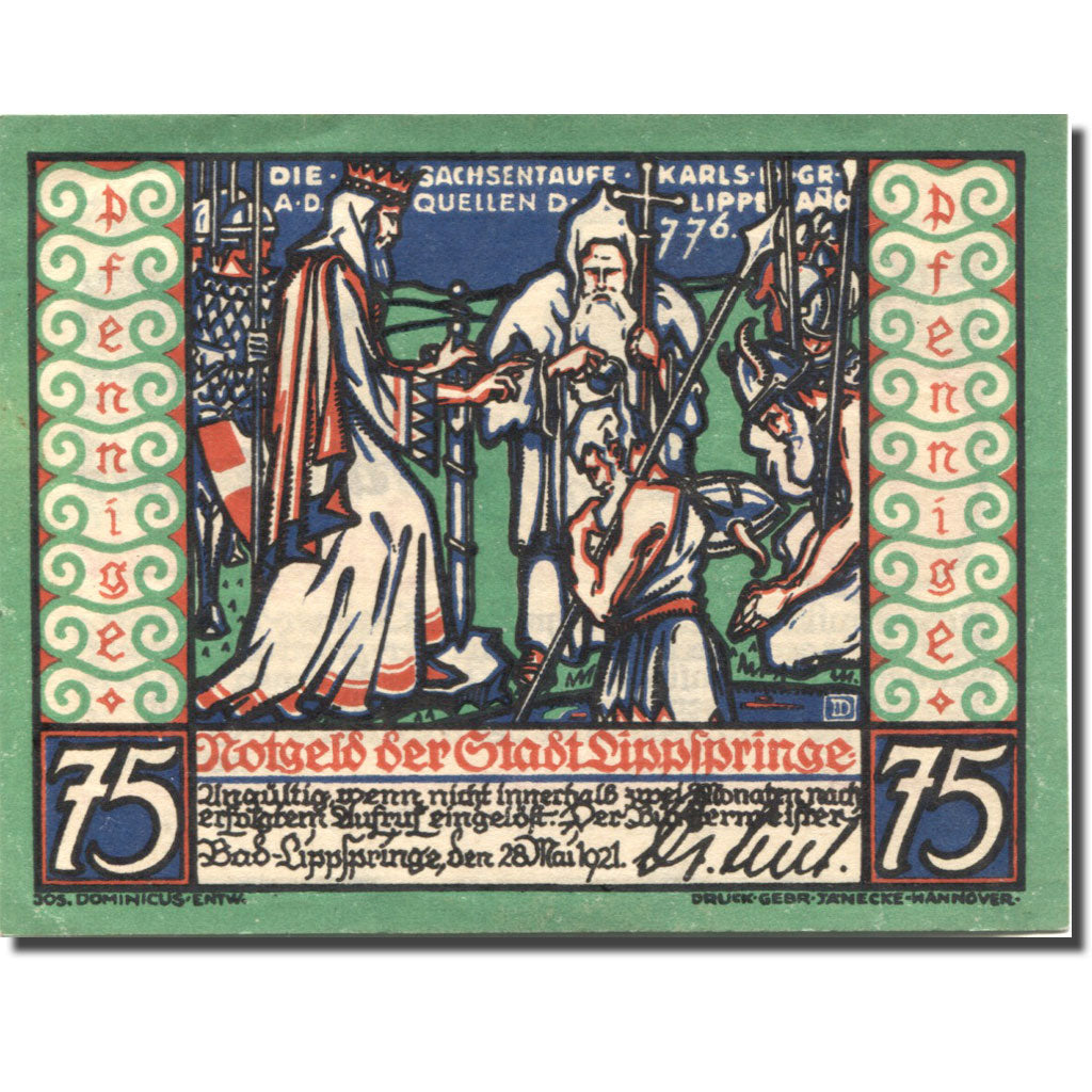 Banknote, Germany, Lippspringe, 75 Pfennig, Ecusson, 1921 UNC(63) Mehl: 805.1