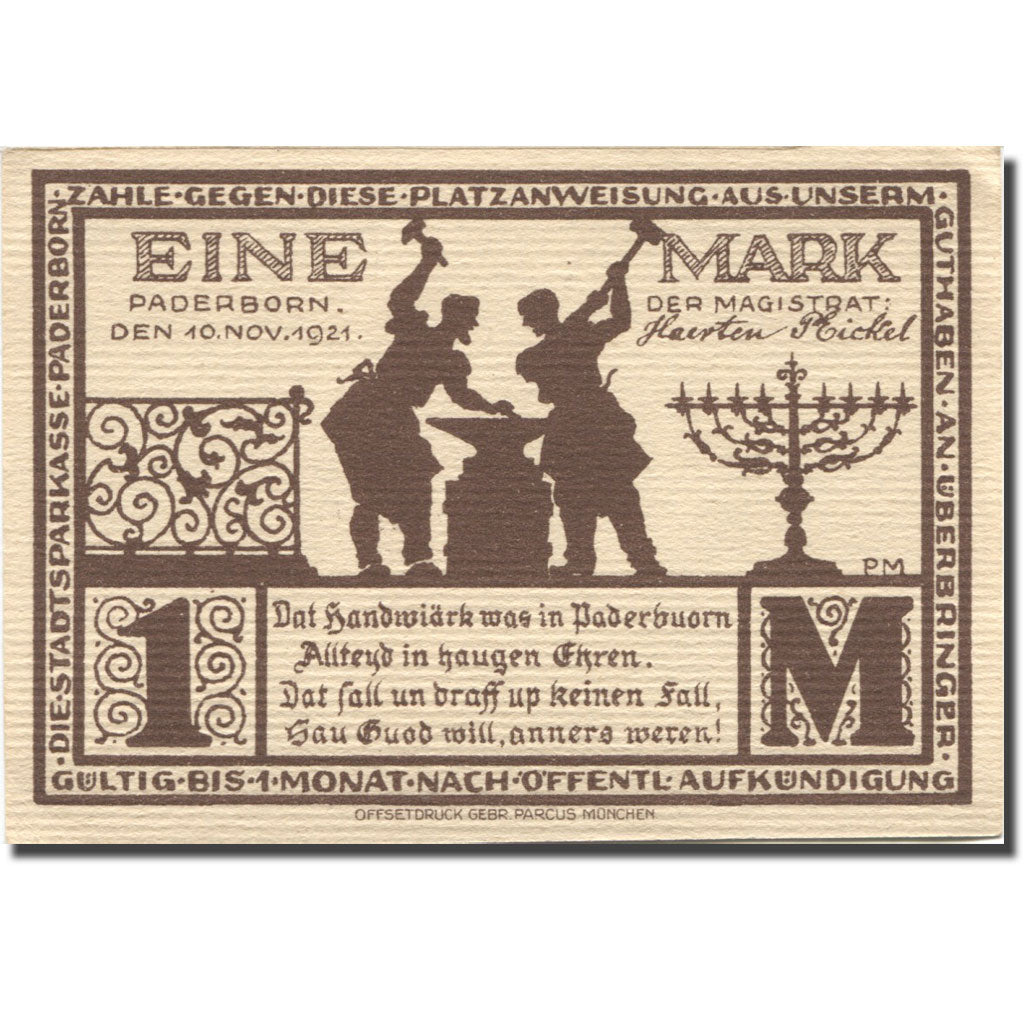 Banknote, Germany, Paderborn, 1 Mark, personnage, 1921 UNC(63) Mehl: 1043.5