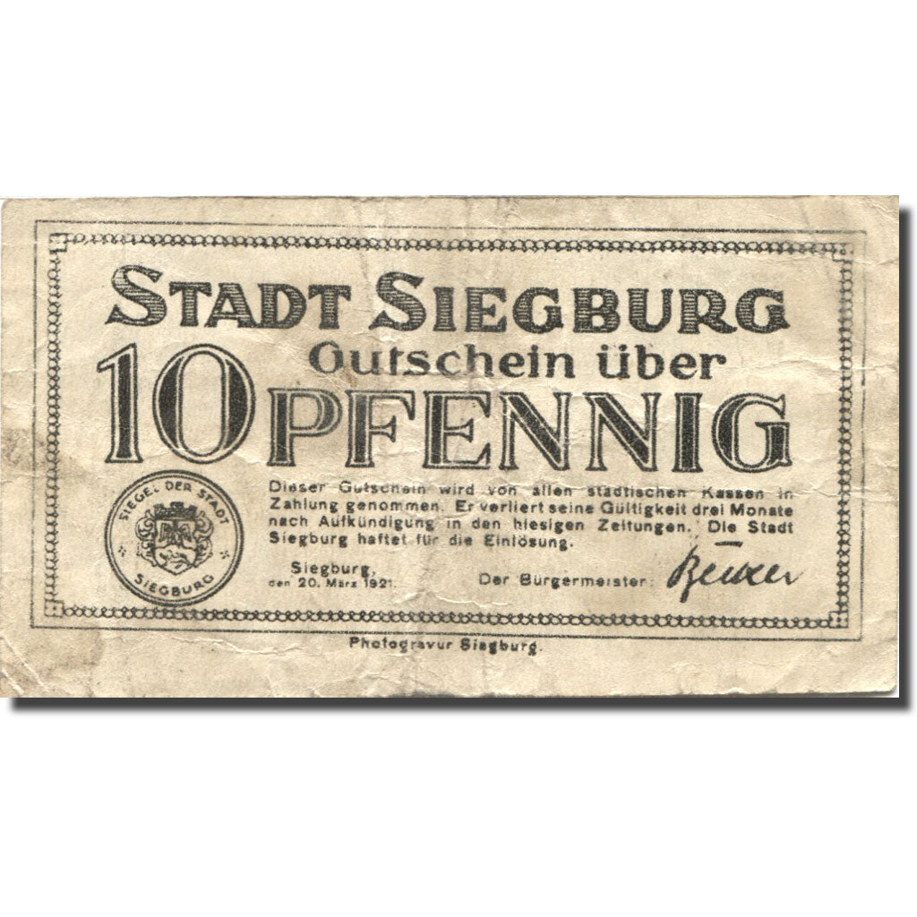 Geldschein, Deutschland, Siegburg, 10 Pfennig, Ecusson, 1921 S Mehl: 1225.1