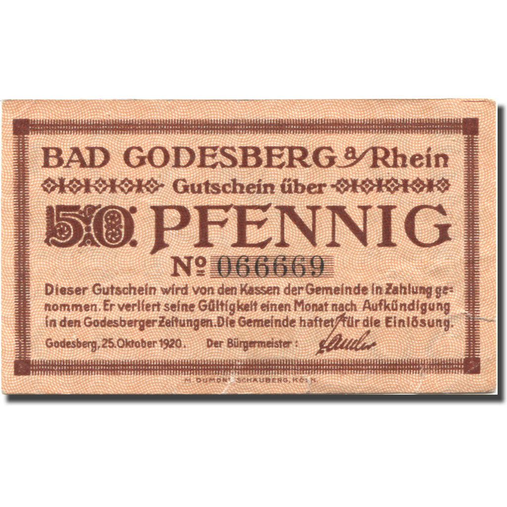 Banconote, Germania, Bad Godesberg, 50 Pfennig, portrait, 1920 SPL- Mehl:G 22.1c