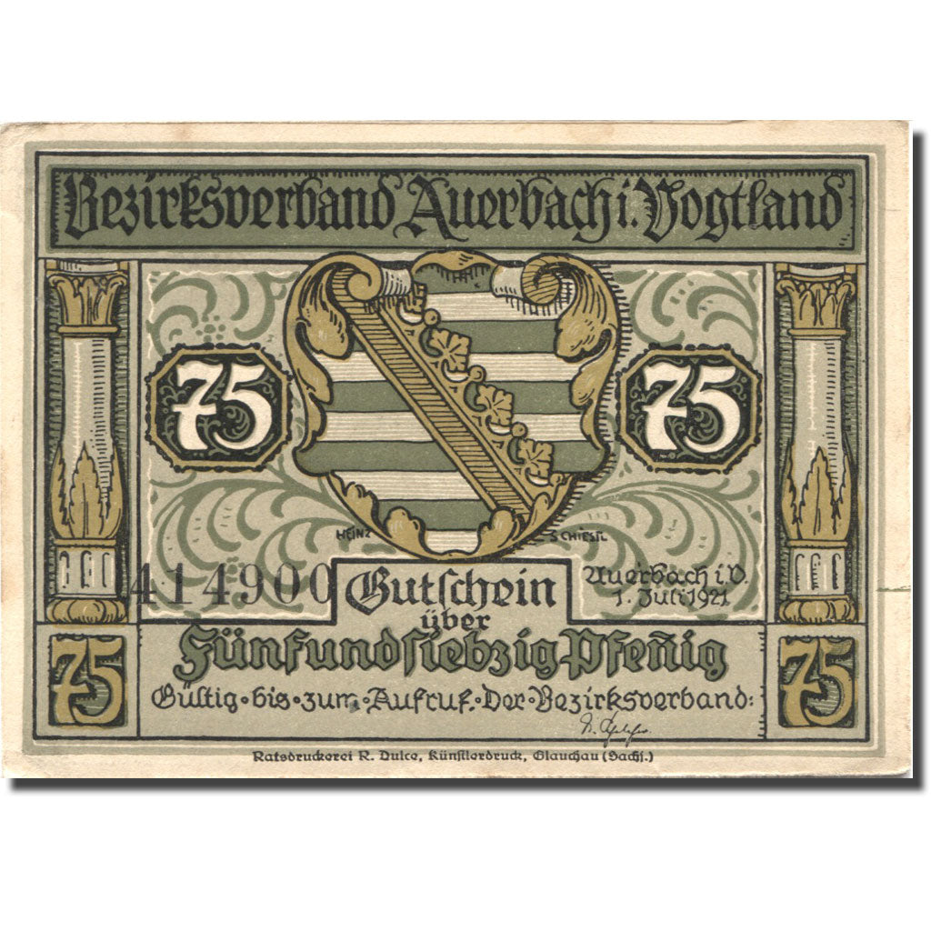 Banknote, Germany, Auerbach, 75 Pfennig, Blason, 1921 AU(55-58) Mehl:G 53.1a