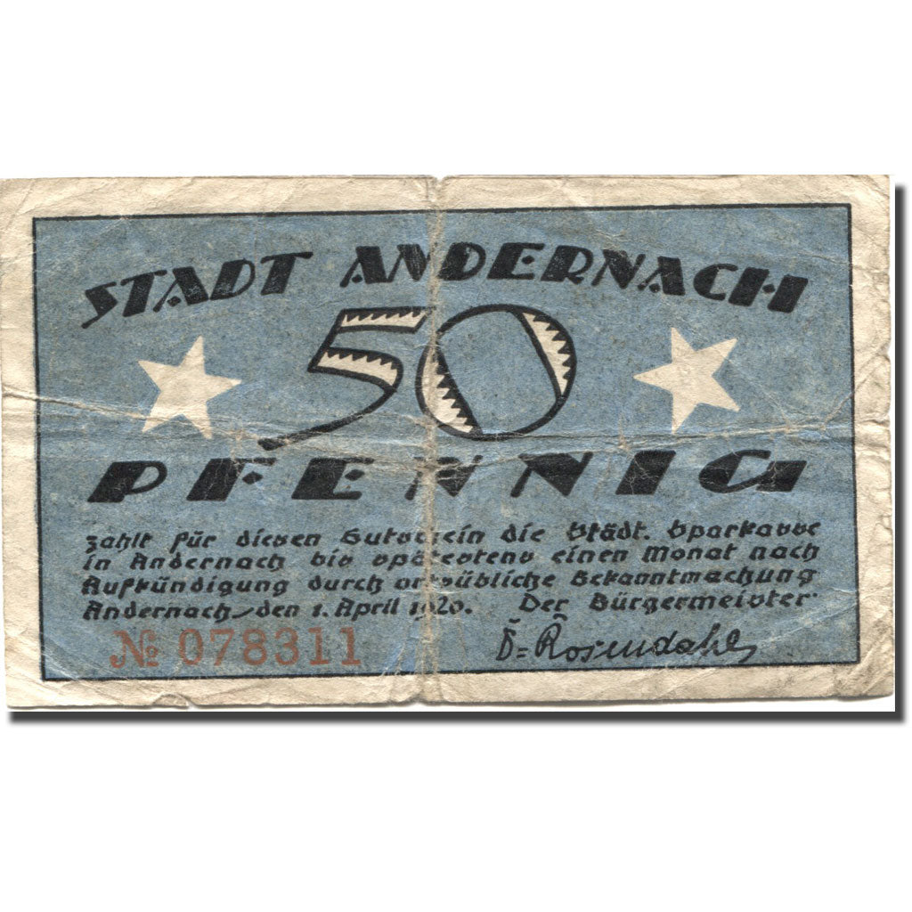 Banknote, Germany, Andernach, 50 Pfennig, château, 1920 VF(20-25) Mehl:G 32.1a
